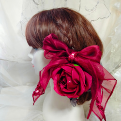 髪飾り☆真っ赤な薔薇とオーガンジーリボン 1枚目の画像