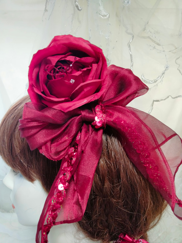 髪飾り☆真っ赤な薔薇とオーガンジーリボン 6枚目の画像