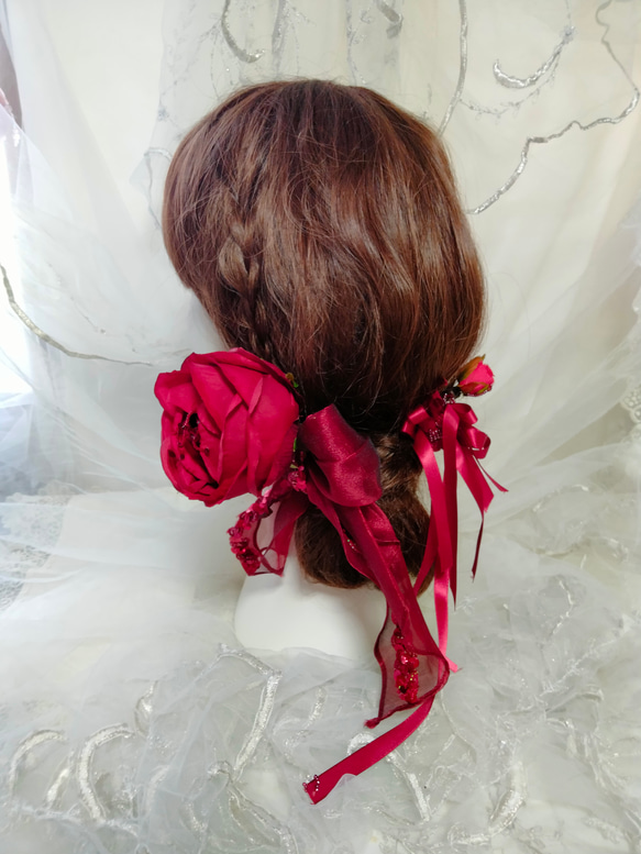 髪飾り☆真っ赤な薔薇とオーガンジーリボン 8枚目の画像