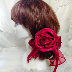 髪飾り☆真っ赤な薔薇とオーガンジーリボン 3枚目の画像