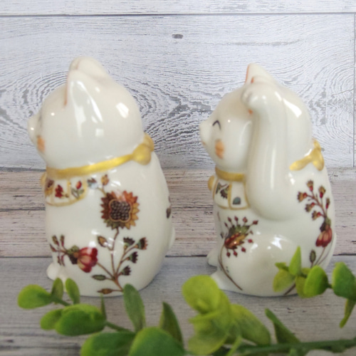 ボタニカル柄の招き猫（ペア） 磁器 ポーセラーツ 招き猫 fee des