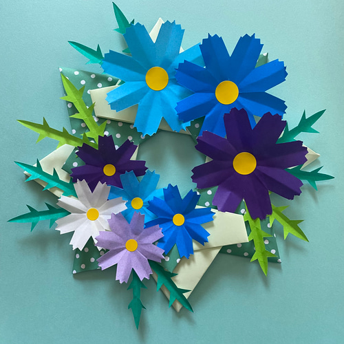 折り紙リース 秋 ブルー系 秋桜 コスモス 大小お花 花束 壁面飾り 施設