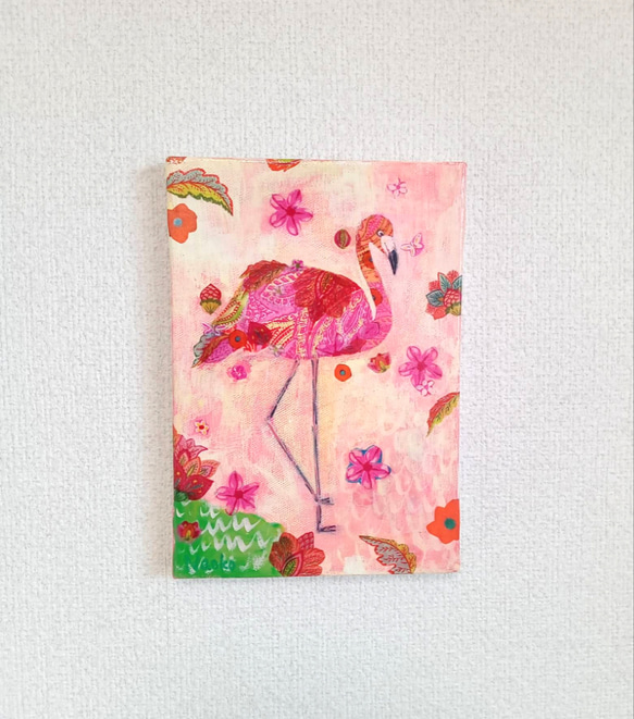 花柄『ピンクフラミンゴ』アクリル絵　原画　アート　絵画　イラスト 1枚目の画像