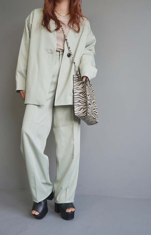 No-Collar Jacket ＋ Slacks 2P SET UP (pale mint)セットアップ グリーン 5枚目の画像