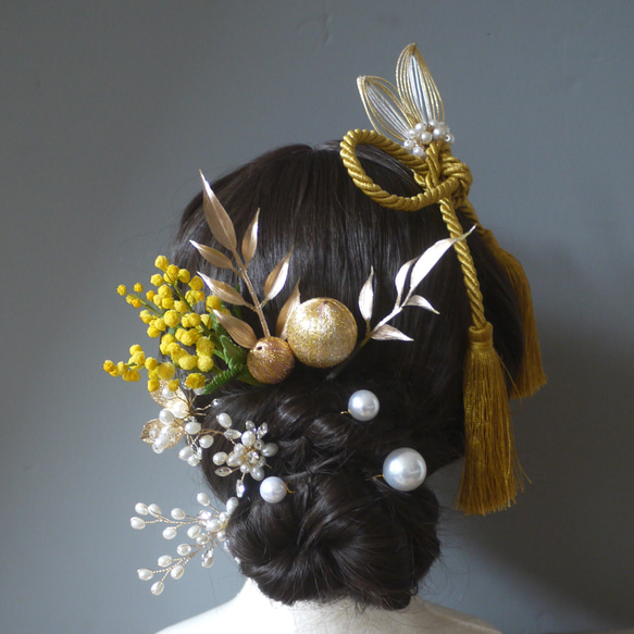和装向けヘアアクセサリー ミモザの花飾り〉 かんざし アトリエ snow 