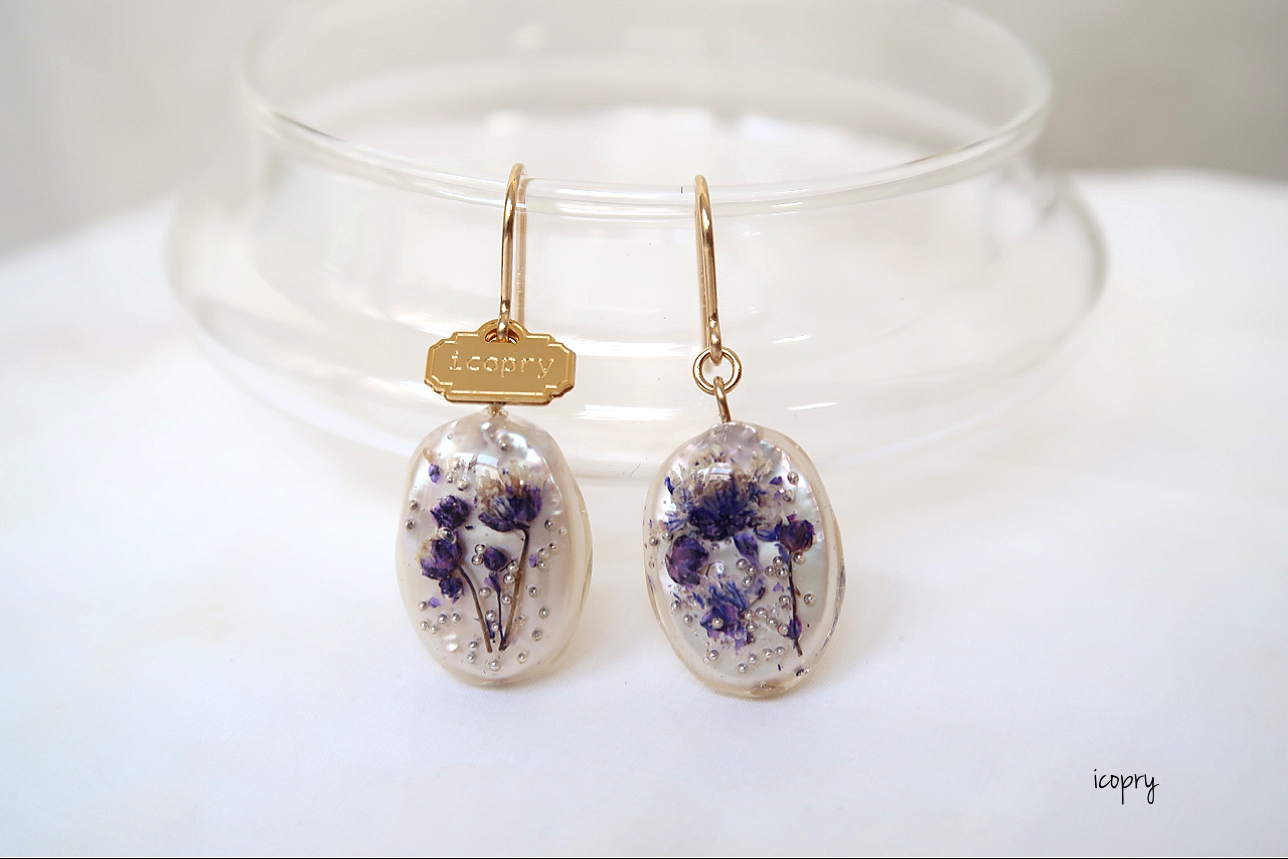 -  flower pearl  -  ゆれるピアス（オーバルパール　紫かすみ　シルバーつぶ）no.2008