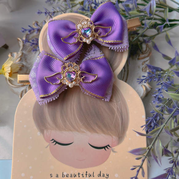 ハンドメイド★キッズリボンヘアゴム★紫★大きめ★うさぎ★きらきらチャーム付き ハンドメイド☆キッズリボンヘアゴム☆紫☆大きめ☆うさぎ