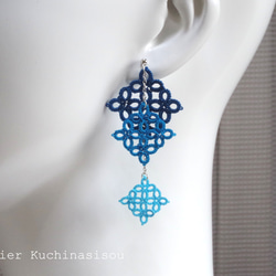 【訂做】梭織蕾絲方形耳環三件（藍色） 第6張的照片