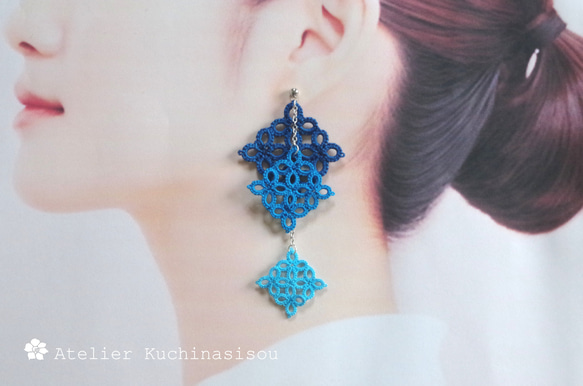 【訂做】梭織蕾絲方形耳環三件（藍色） 第5張的照片
