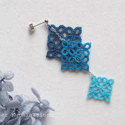 【訂做】梭織蕾絲方形耳環三件（藍色） 第4張的照片