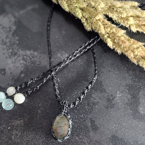 『薄紫咲』パープルレピドライトとクンツァイトのマクラメペンダントネックレス 薄紫咲』パープルレピドライトとクンツァイトのマクラメ