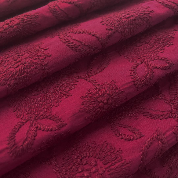 【納期1-2ヶ月・要問合せ】着物 単衣 ダークマゼンタ 刺繍 ピンク コットン きもの コットンレース 木綿 10枚目の画像