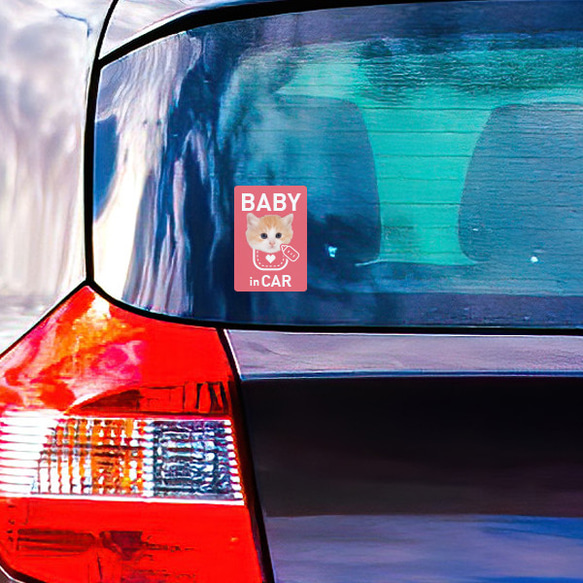 ステッカー 車 おしゃれ BABY in CAR 猫ステッカー（ピンク） ドライブ 赤ちゃん ベイビィ シール 車 ねこ 7枚目の画像