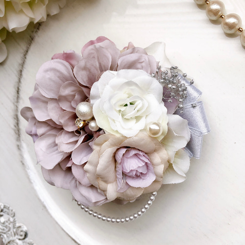 フォーマルコサージュ ラベンダークリームダリア&グレイッシュローズ