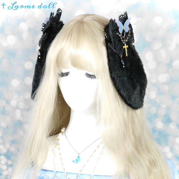 受注生産】《☥》たれうさ耳ロリィタリボンヘアクリップ(黒) ヘア  