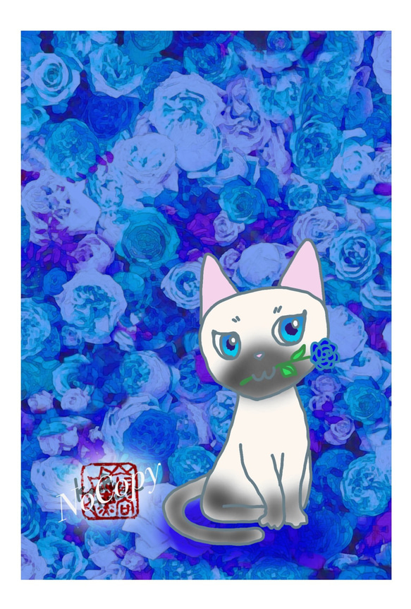 イラスト 『青薔薇をくわえた猫』 イラスト Solana 通販 16539291