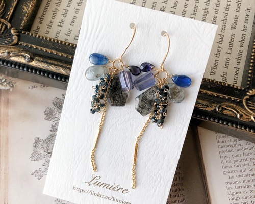 14kgf カイヤナイトのと水晶のリーフのピアス 14kgf カイヤナイトのコインと水晶のリーフのピアス