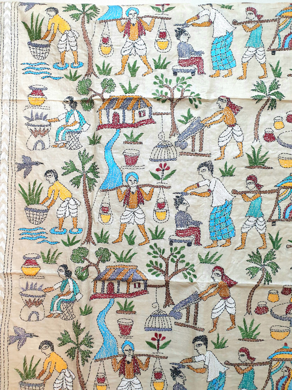 《インド伝統工芸》カンタ刺繍プレミアムタッサーシルク　大判ストール　ヴィレッジライフ 1枚目の画像