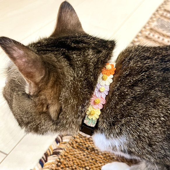 コスモス　猫さんにやさしい首輪【かぎ針編み　猫の首輪　猫　首輪　セーフティバックル　アジャスター　軽い　やわらかい】 3枚目の画像