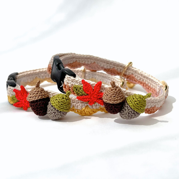 どんぐり　猫さんにやさしい首輪【かぎ針編み　猫の首輪　猫　首輪　セーフティバックル　アジャスター　軽い　やわらかい】 1枚目の画像