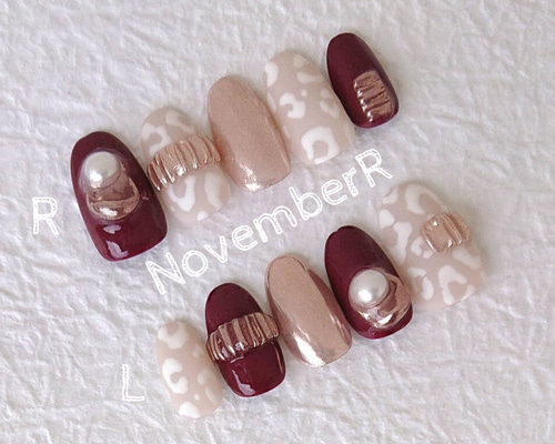 LA689☆ボルドー×大人レオパードネイルチップ ネイルチップ（つけ爪