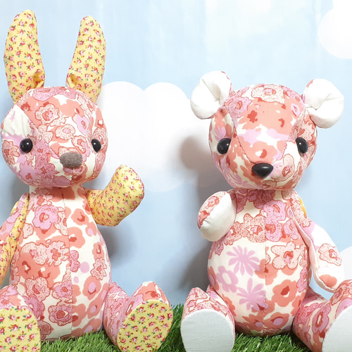 うさぎ ぬいぐるみ アメリカ ファンシー ピンク パッチワーク パステル 花柄 花柄ピンクと黄色のうさぎ【creema限定】 ぬいぐるみ もちまる