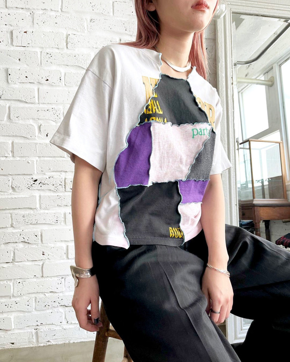 Vintage patchwork T-shirt 02 / ヴィンテージリメイクショート丈パッチワークTシャツ 1枚目の画像