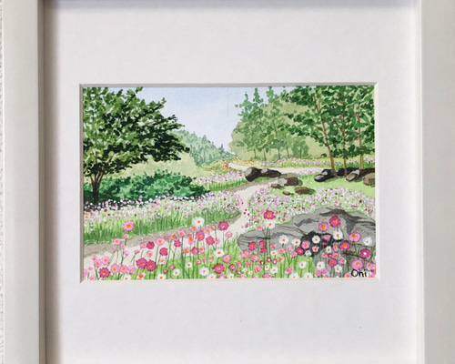 正規品質保証】 F3 夕映えのコスモス】アクリル画 風景画 花の絵