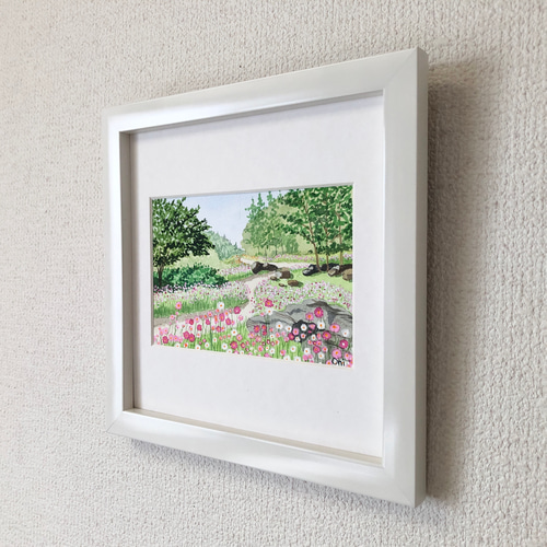 桜の小径」透明水彩画 原画 風景画 額縁付 F6サイズ 絵画 Oni