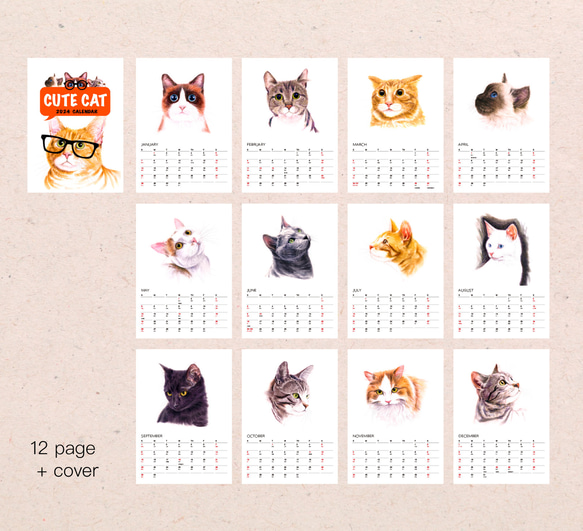 2024貓師傅水彩年曆掛曆 月曆  新年聖誕節交換禮物 f6 第9張的照片