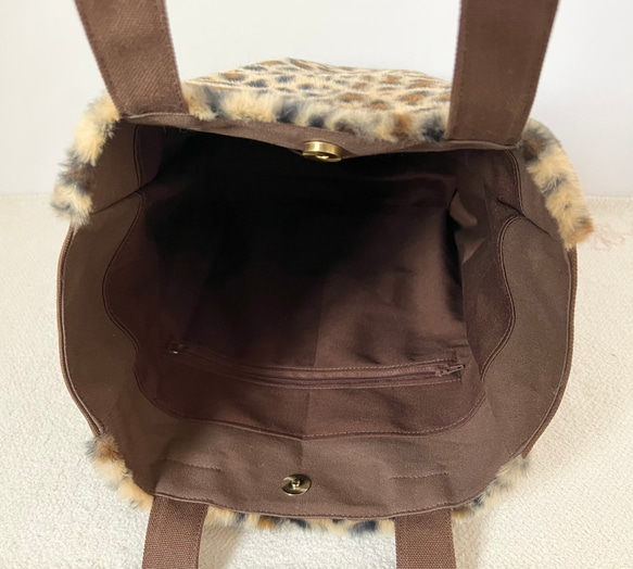 【縦長L】ブラウンのベンガル柄（豹柄）　アニマルボア　縦長トートバッグ　猫　倉敷帆布使用　akaneko 豹柄 6枚目の画像