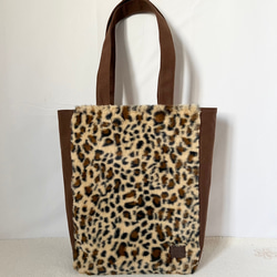 【縦長L】ブラウンのベンガル柄（豹柄）　アニマルボア　縦長トートバッグ　猫　倉敷帆布使用　akaneko 豹柄 3枚目の画像