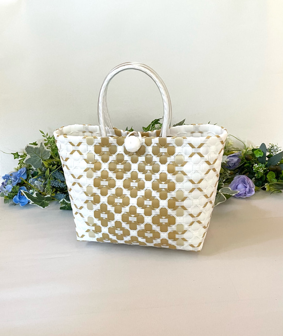 ppバンドのかごバッグ【Mサイズ】キャメル プラカゴ 大人可愛い 花柄