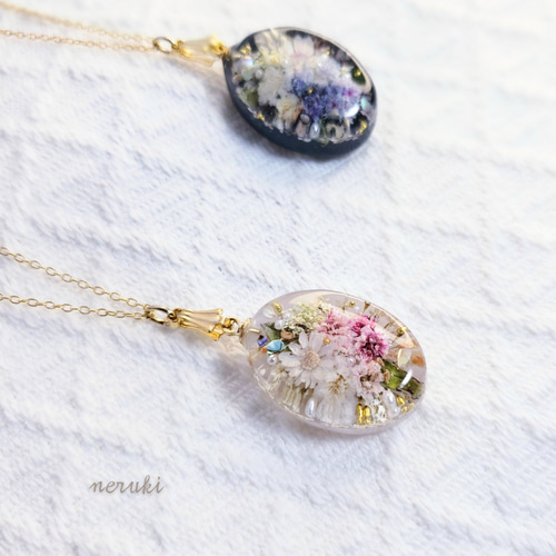 レジンお花のネックレス パープル 38cm ドライフラワー