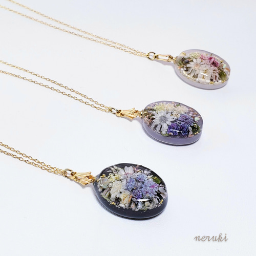 レジンお花のネックレス パープル 38cm ドライフラワー