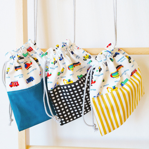 ☆サイズ変更可☆入園 入学 巾着袋 コップ袋 車柄 男の子 小学生 洗い