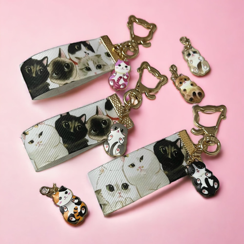 ☆猫柄・着物・チャーム・キーホルダー・宝来鈴・シフォン・リボン☆ ☆猫柄・着物・チャーム・キーホルダー・宝来鈴・シフォン・リボン☆