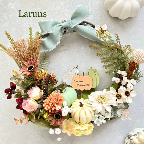 専用＊Halloween＊パンプキン＆オリーブ　シックナチュラル フェイクリース ホワイトパンプキンのナチュラルハロウィンリース/ナチュラル