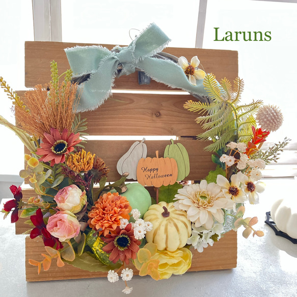 専用＊Halloween＊パンプキン＆オリーブ　シックナチュラル フェイクリース 白とグリーンパンプキンのリース28㎝直径ハロウィンリース