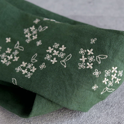 金木犀の刺繍クロスヘアバンド《グリーン》 リネン クロス