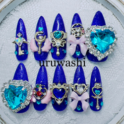 ネイルチップ‪‪♡ブルー 青 水色量産型地雷韓国ワンホンスナ系イニシャルキラキラ 青54S⋈55S⋈56M⋈量産型地雷ワンホン韓国ゴテゴテサブカル水色