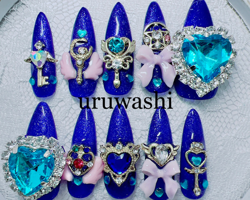 ネイルチップ‪‪❤︎‬ブルー 量産型地雷韓国ワンホンスナ系イニシャルキラキラオタク ネイルチップ‪‪❤︎‬ブルー 量産型地雷韓国ワンホンスナ系‬