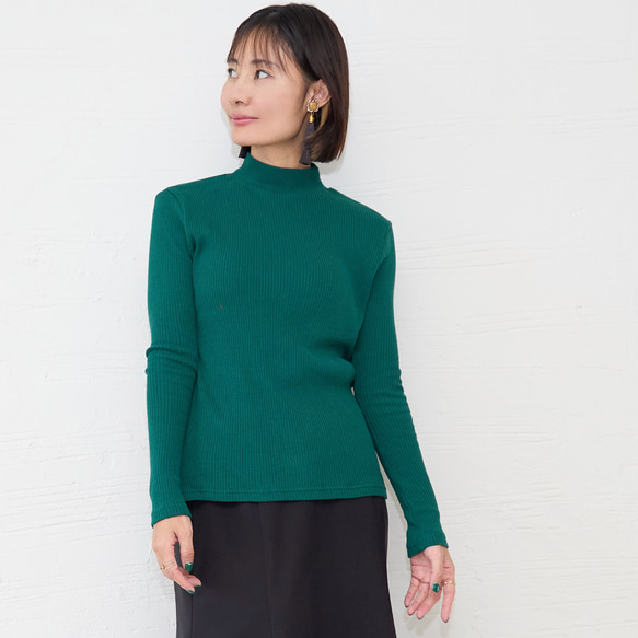 Morino Gakko 100% 棉 Telecon 針織高領長袖上衣（綠色） 第3張的照片