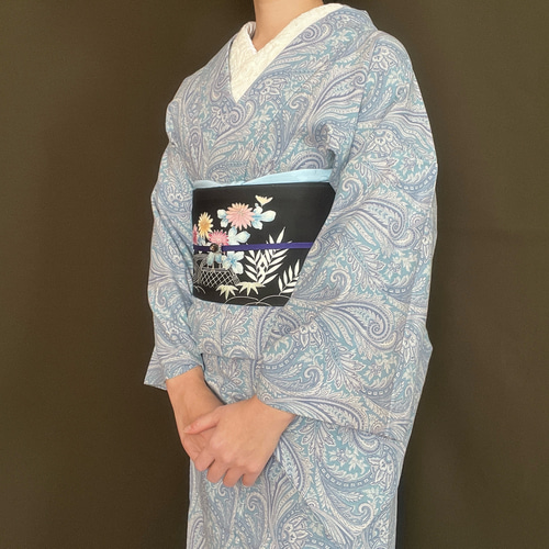 竺仙浴衣　ベージュにブルーの花柄ペイズリー 竺仙浴衣 ベージュにブルーの花柄ペイズリー SOUBIEN 浴衣