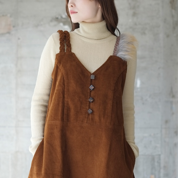 秋冬潮流蓬鬆皮草♡Tetonose燈芯絨毛衣裙(23w-04)棕色 第11張的照片