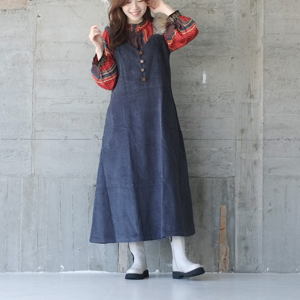 秋冬潮流蓬鬆皮草♡Tetonose燈芯絨毛衣裙(23w-04)鈷藍色 第1張的照片