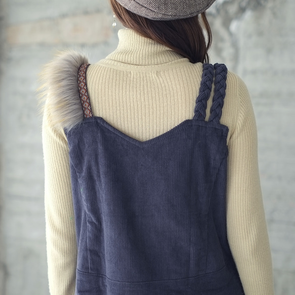 秋冬潮流蓬鬆皮草♡Tetonose燈芯絨毛衣裙(23w-04)鈷藍色 第14張的照片