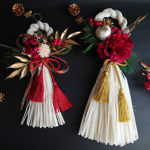 完売《Creema限定2個 》超早割 白ラタンしめ縄飾りS 紅いダリア