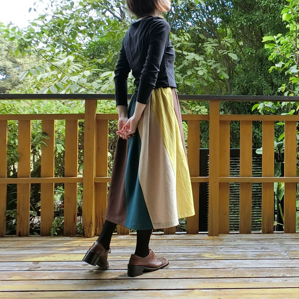 【綿麻】エスカルゴ風 配色スカート（青系）L-75　ｳｴｽﾄｺﾞﾑ 15枚目の画像