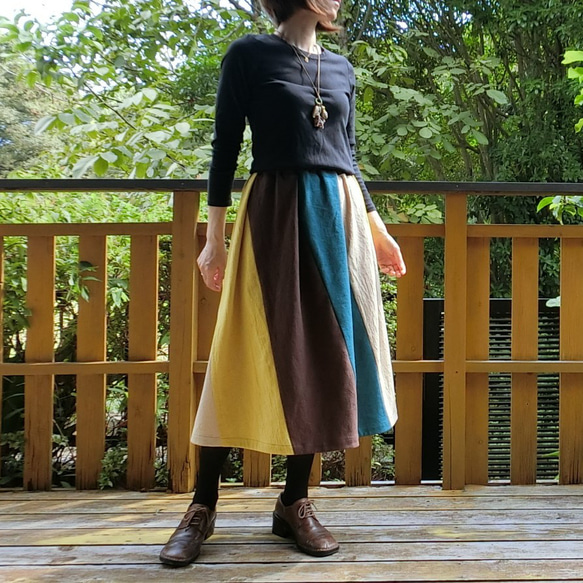 【綿麻】エスカルゴ風 配色スカート（青系）L-75　ｳｴｽﾄｺﾞﾑ 13枚目の画像